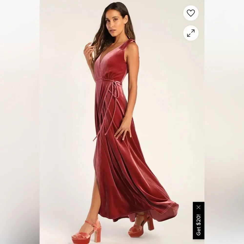 NWT Lulu's Certainly Stunning Dusty Rose Velvet Tie-Strap Wrap Maxi Dress Size L